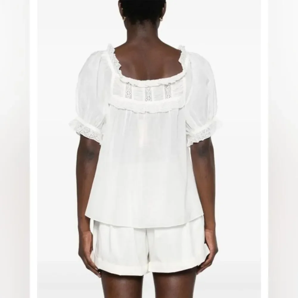 Doen Women's White Lace-Detailed Puff-Sleeve Blouse Large - Retail $503.00